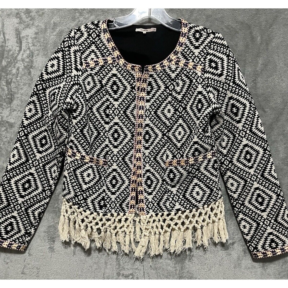 Tularosa Black White Geometric Fringe Jacket Embroidered Boho Open Front Small